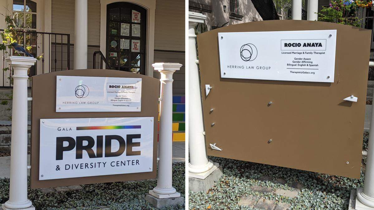 The new, bright white sign made of half-inch thick acrylic polymer was ripped from its mountings and stolen from the GALA Pride and Diversity Center at 1080 Palm Street sometime over the weekend.