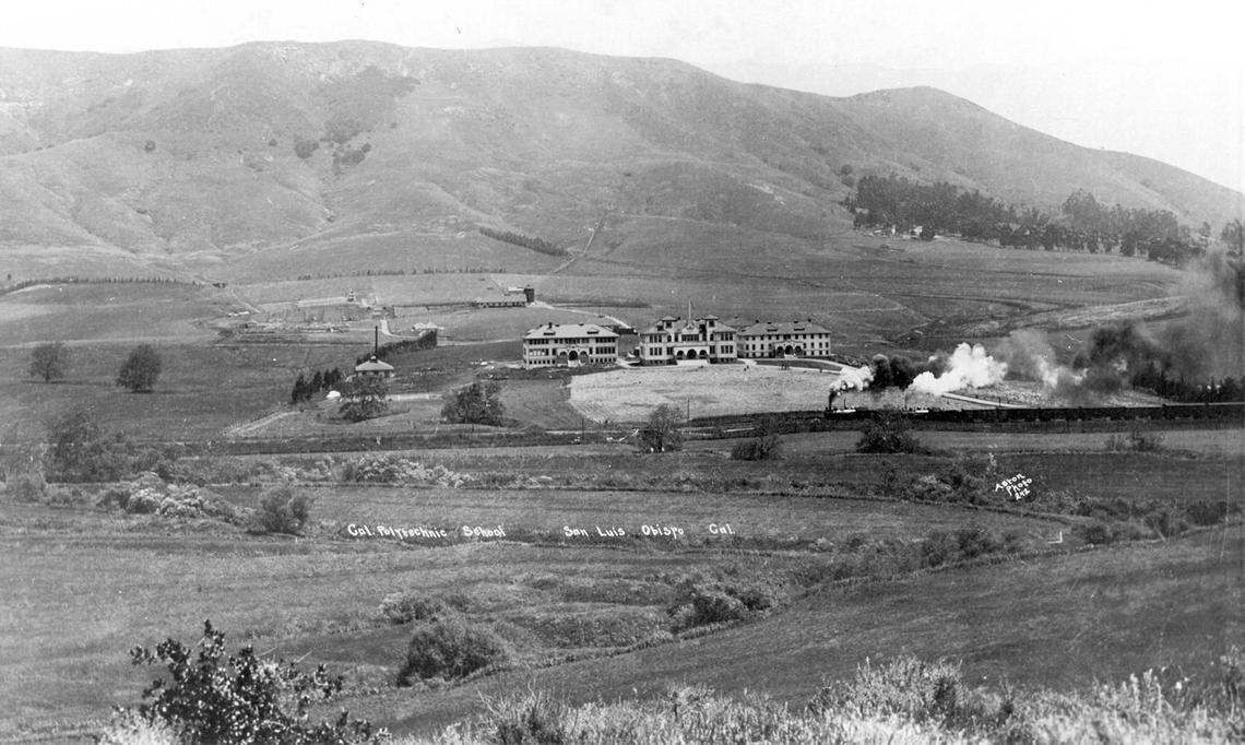 Frank Aston shot this photo of a Southern Pacific steam engine pulling a freight train at Cal Poly circa 1907.