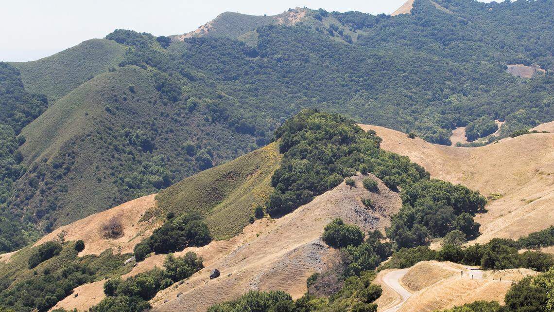 Santa Rosa Creek Road, at bottom right, weaves its way between Cambria and Highway 46.