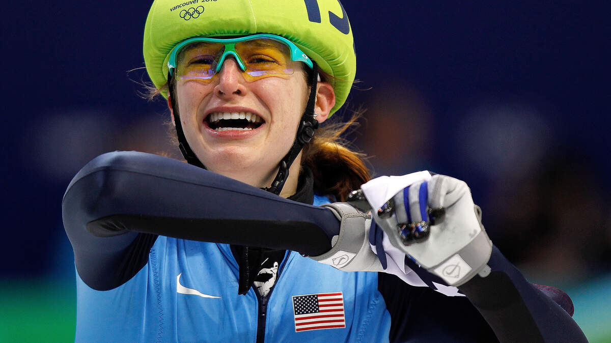 USA's Katherine Reutter celebrates after skating in the ladies 1,000-meter short track finals. (Harry E. Walker/MCT)