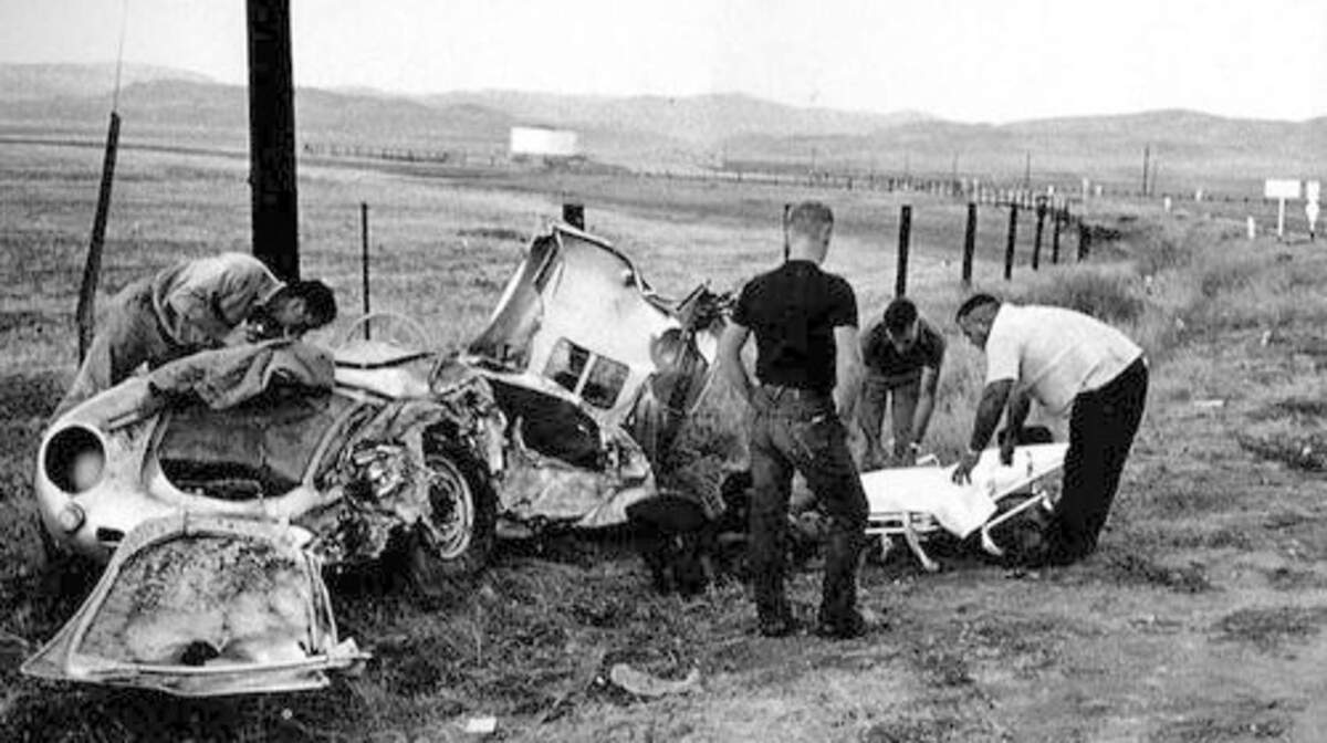 The wreckage of James Dean's Porsche 550 Spyder near Cholame on Sept. 30, 1955.