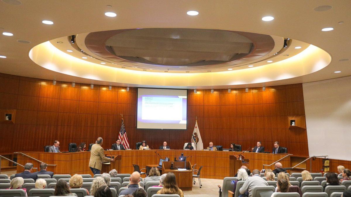 San Luis Obispo County Supervisors meet from left Jimmy Paulding, Debbie Arnold, John Peschong, Dawn Ortiz-Legg, Bruce Gibson along with county staff listen to public comment Feb. 7, 2023.