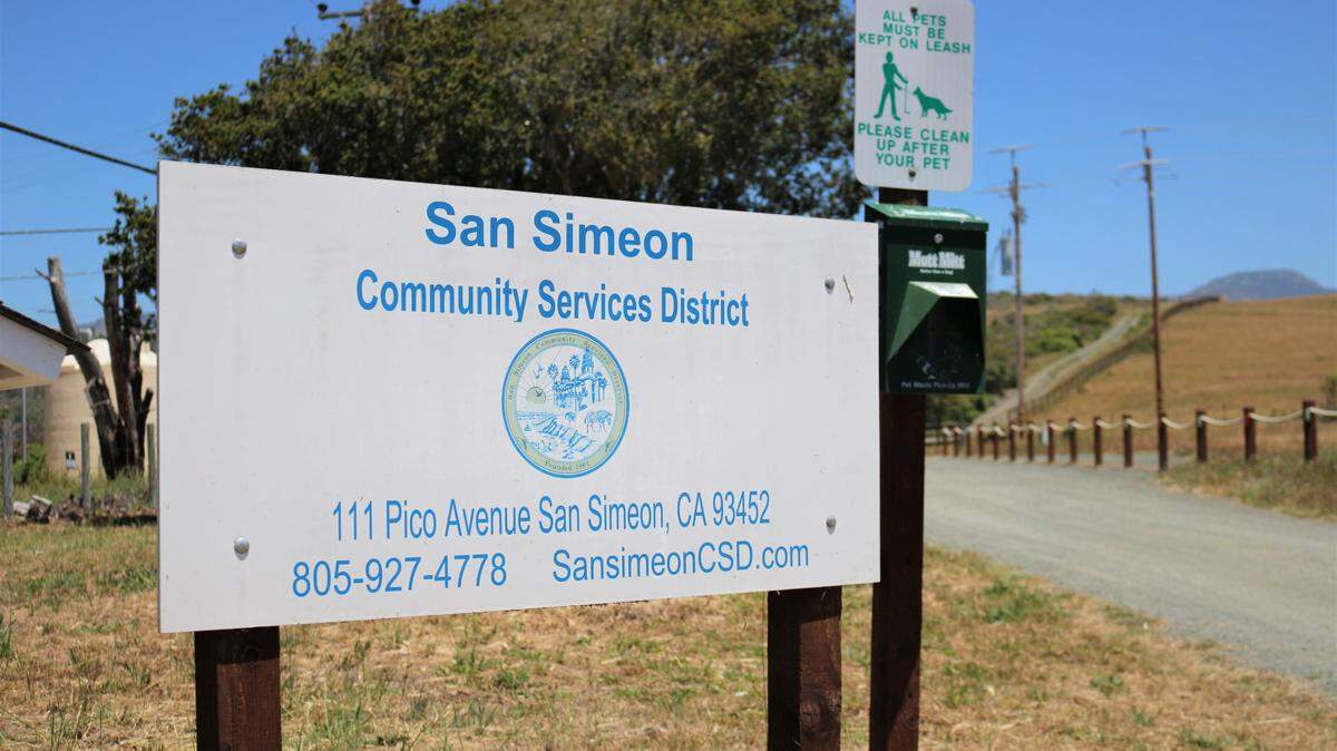 A sign marks the San Simeon Community Services District headquarters.