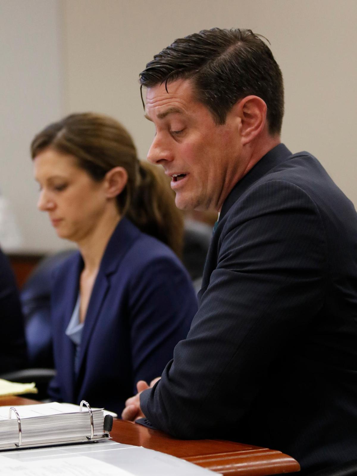 San Luis Obispo County deputy district attorney Crystal Seiler, left, and Chris Peuvrelle, Monterey County assistant district attorney, appear in Monterey County Superior Court in Salinas on Friday, March 10, 2023, ahead of a sentencing hearing for Paul Flores for the murder of Cal Poly student Kristin Smart.