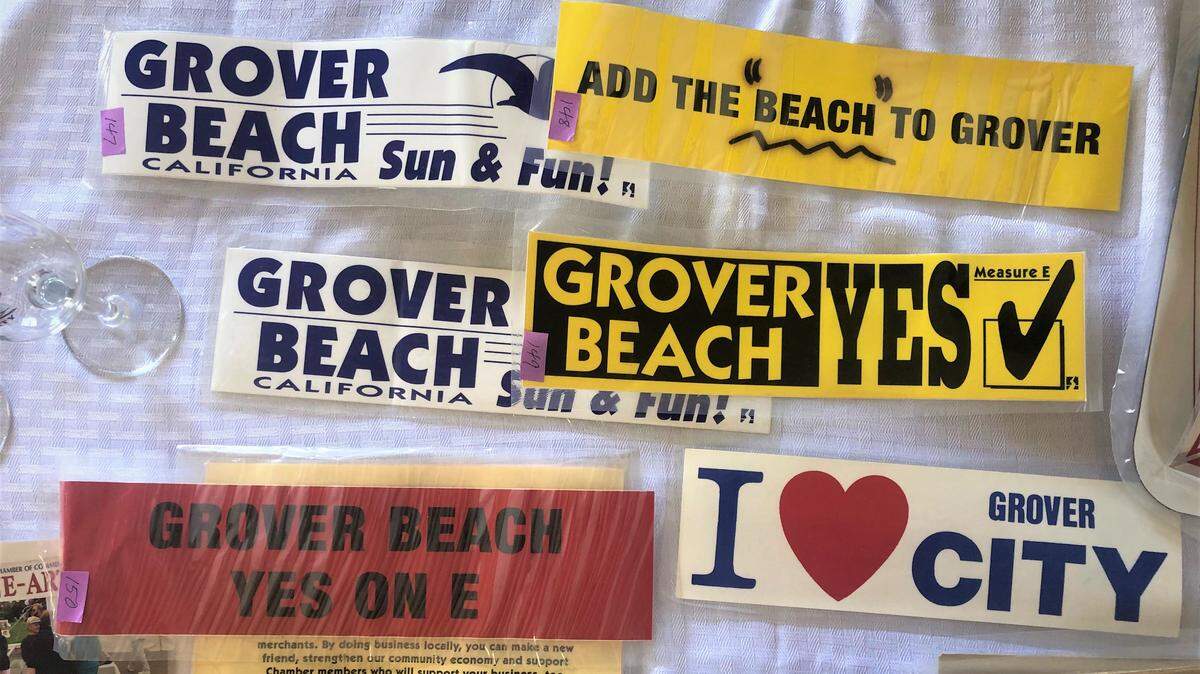 A collection of bumper stickers dating back to 1994, when the city’s name was changed from Grover City to Grover Beach.