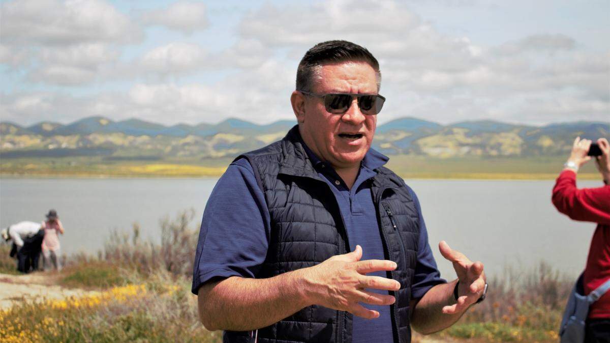 Congressman Salud Carbajal, D-Santa Barbara, explains the Central Coast Heritage Protection Act during a tour of the Carrizo Plain National Monument on April 8, 2023.