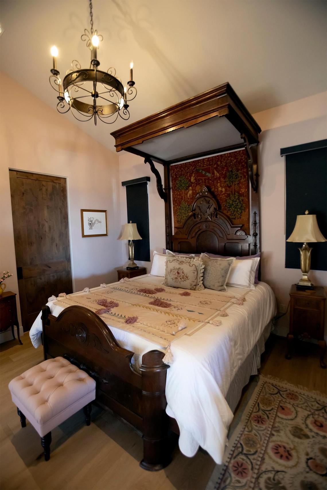 The master bedroom and bath of the San Miguel home of Charles Miller and Tina Gulotta-Miller feature a modern mission style.