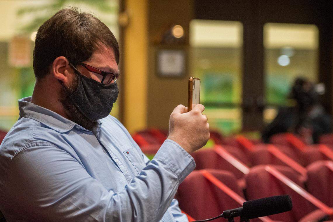 Chris Lambert, Orcutt musician and recording engineer, records the arraignment of Paul Flores and his father Ruben Flores at San Luis Obispo Superior Court on Thursday, April 15, 2021. Lambert started a podcast to document the 1996 disappearance of Cal Poly student Kristin Smart.