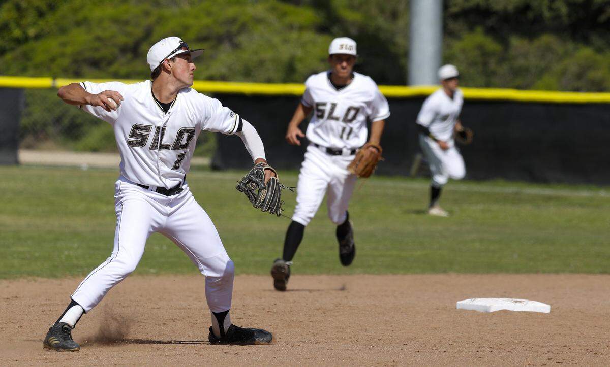 In 2018, SLO High junior and PAC 8 Player of the Year Brooks Lee throws out a runner as his team hosts Oxnard in the first round of the CIF-Southern Section Division 3 baseball playoffs. Brooks Lee is now a Cal Poly baseball player.