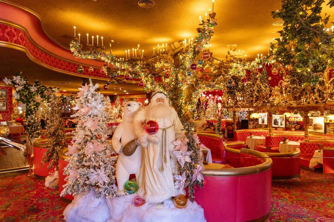 This year, Alex Madonna’s Gold Rush Steak House at the Madonna Inn is decked out in winter wonderland decor for the holidays.