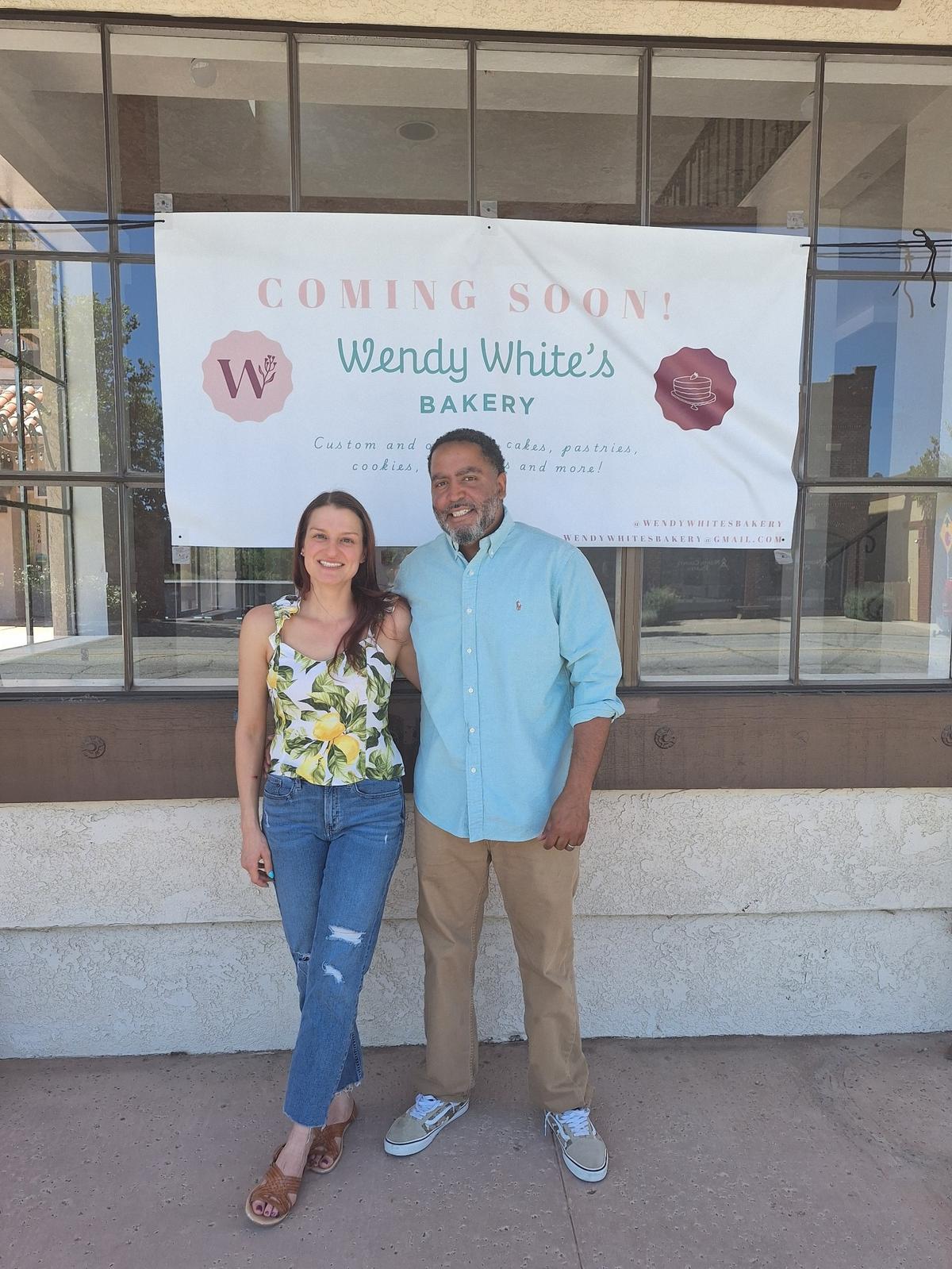 Owners of Wendy White’s Bakery, Mercedes and Kyle White, stand outside their new brick and mortar.
