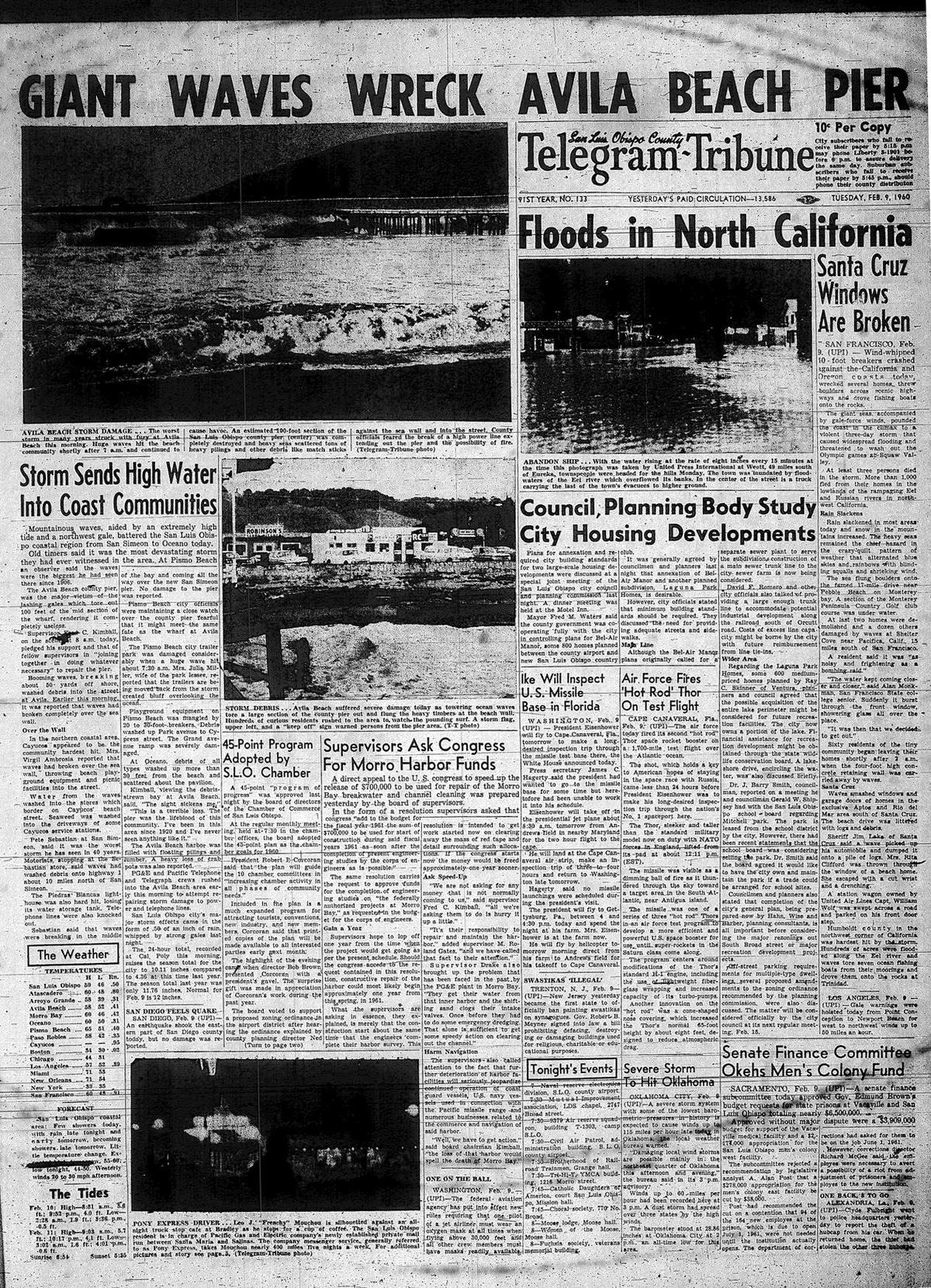 The worst storm in many years struck with fury at Avila beach Feb 9, 1960. Front page of the Telegram-Tribune.
