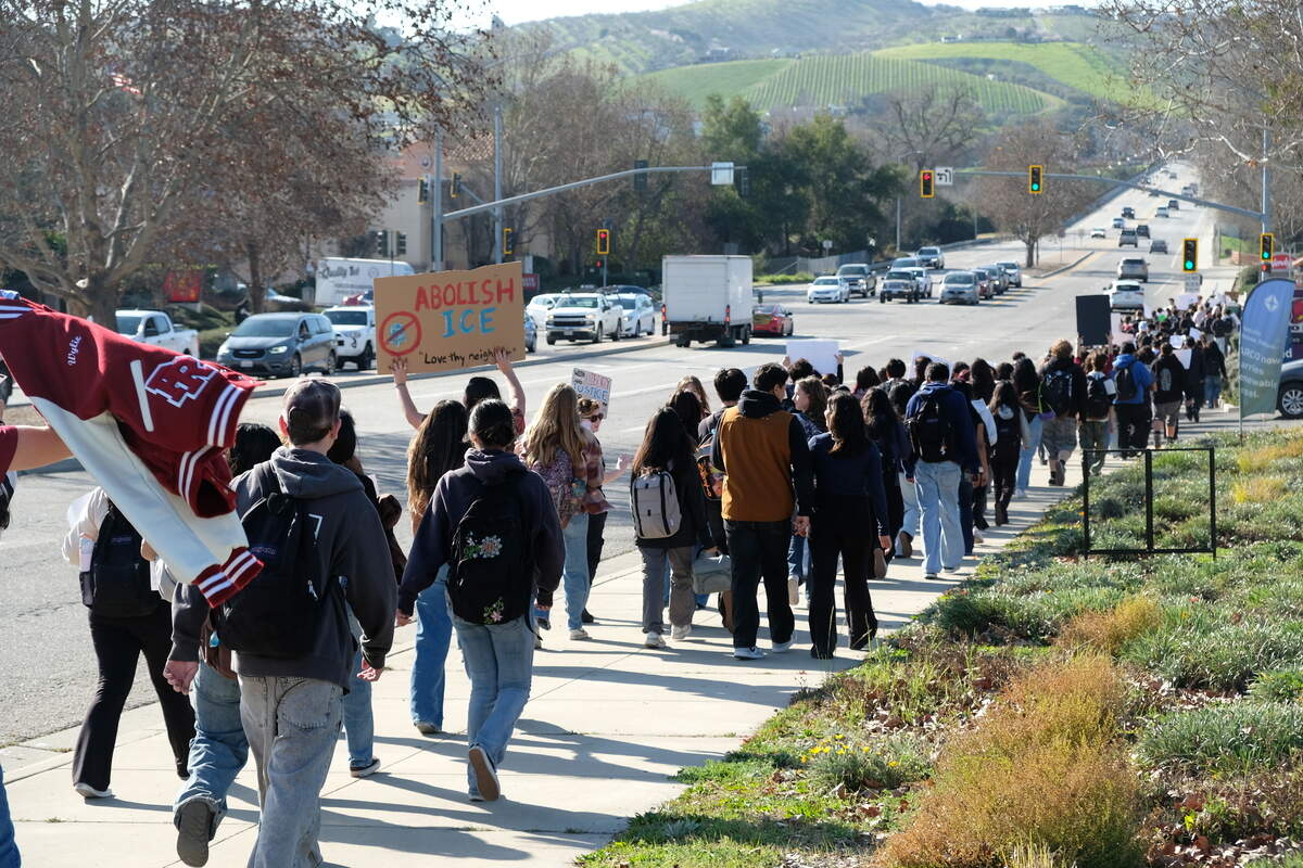 Hundreds of Paso Robles students marched down Niblick Road in protest of ICE on February 6, 2026. The student-led walkout was inspired by protests at other schools in SLO County.