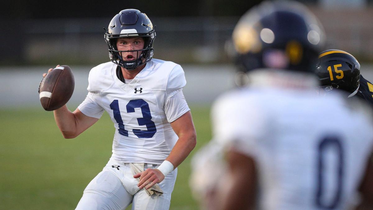 Quarterback Sam Wulff looks for an open reciever. Arroyo Grande beat San Luis Obispo 23-0 in a high school football game on Sept. 6, 2024.