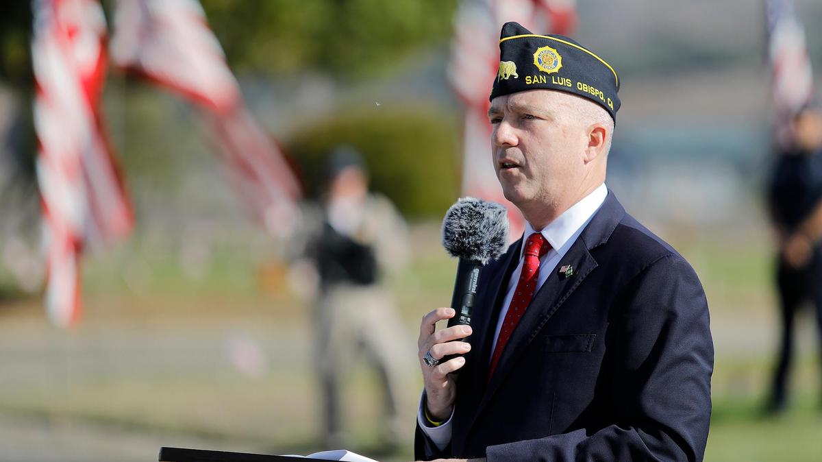 SLO County District Attorney Dan Dow speaks at the Veterans Day celebration held at Los Osos Valley Memorial Park, Friday, Nov. 11, 2022. Dow was deployed to serve overseas with the California Army National Guard 40th Infantry Division in Sept. 2023.