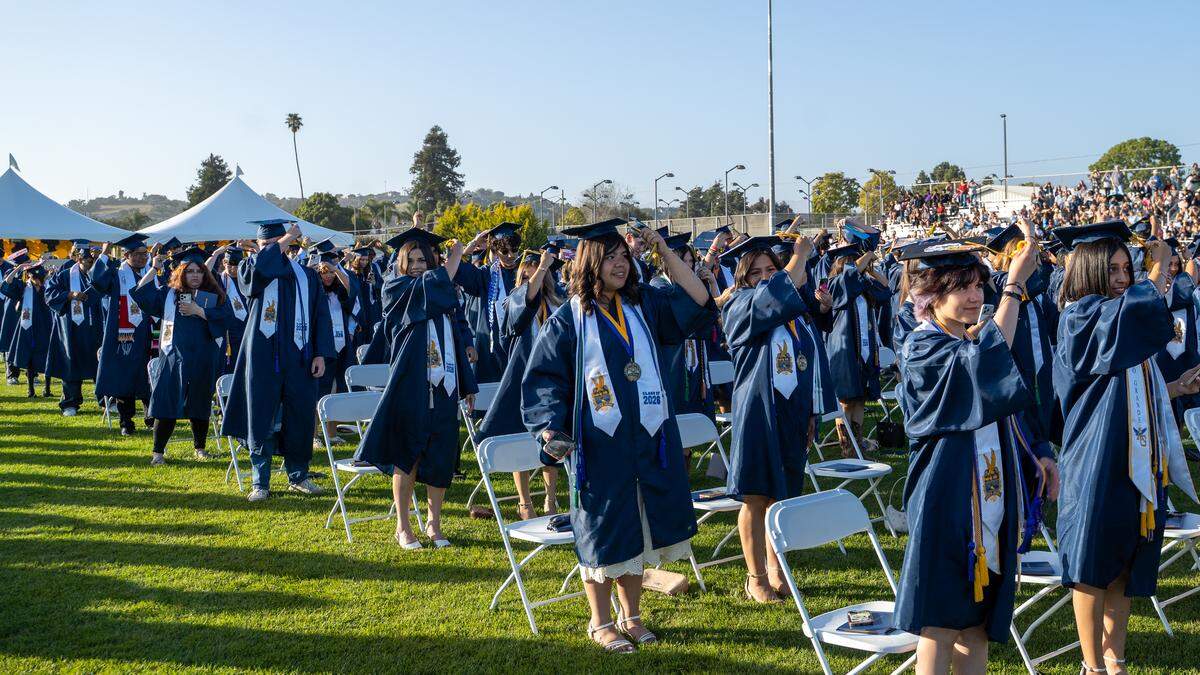 Arroyo Gande High School graduates turn their tassels at the end of graduation ceremonies on Thursday, June 4, 2026. A class of 443 seniors walked the stage at Doug Hitchen Stadium.