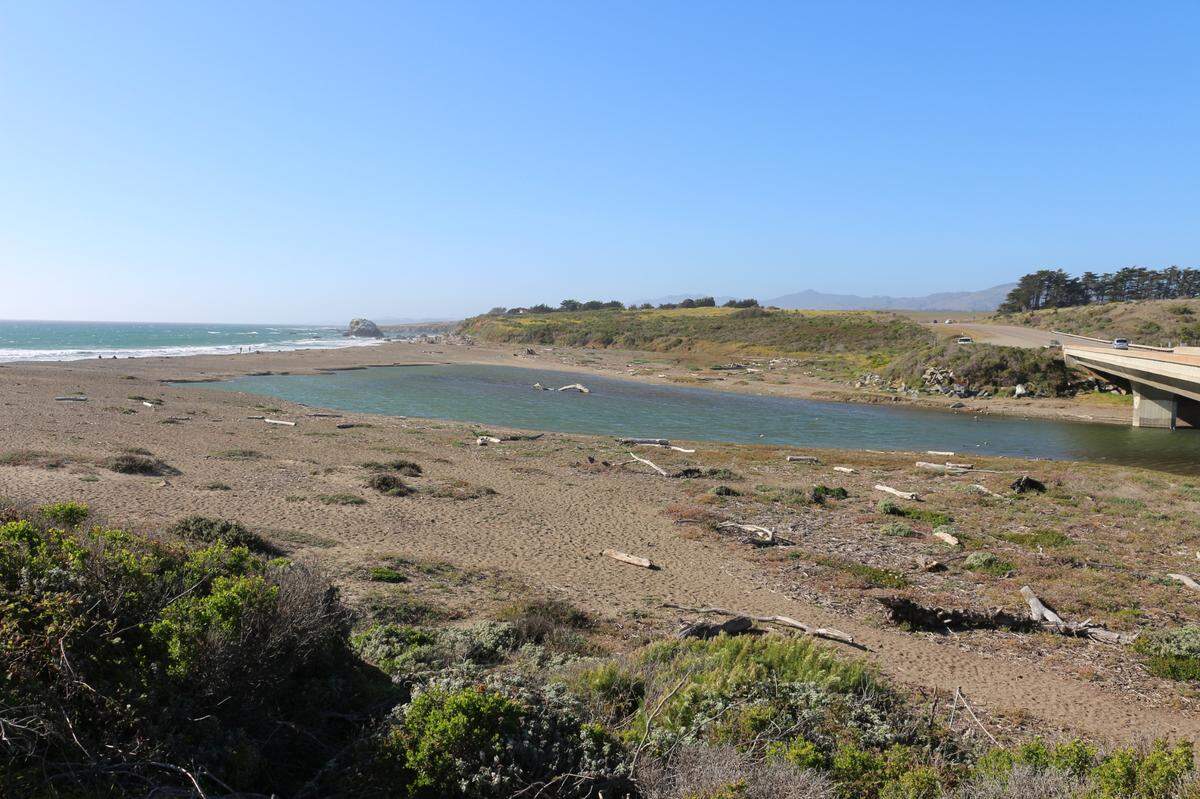 Santa Rosa Creek does not reach the Pacific Ocean as of this photo taken on March 9, 2022. Drought conditions impacting the region mean little precipitation has fallen here over the past few months. When the creek does not reach the ocean, steelhead trout, a species listed as threatened under the federal Endangered Species Act, cannot swim upstream from the ocean to spawn.