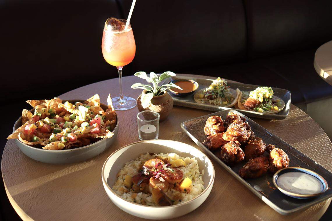 Marcerro, a new restaurant at the Dairy Creek Golf Course, offers locally sourced plates for golfers and diners alike. Menu highlights pictured include their poke nachos, pan-seared scallops, harissa honey and cashew crispy chicken wings, and spicy fish tacos.