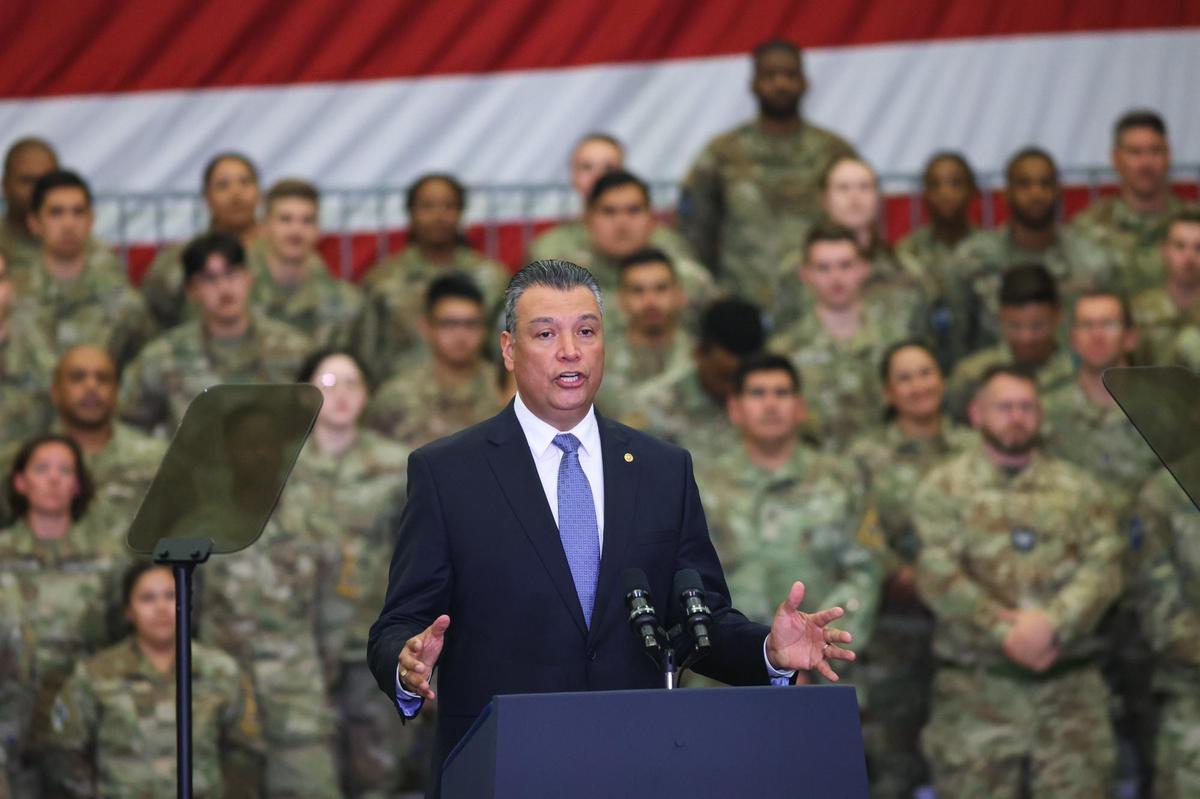 U.S. Senator Alex Padilla speaks to service members.