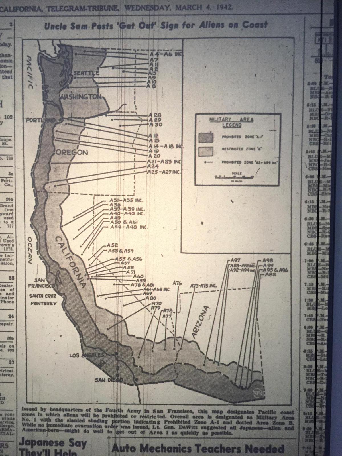 The Telegram-Tribune published a map March 4,1942 showing areas the Japanese residents of America were being relocated from during World War II internment. The newspaper’s editor at the time Jean Paulson endorsed the move.