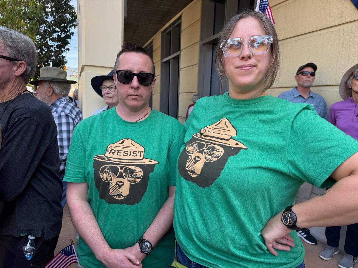 Protesters at the April 5, 2025, hands off rally in San Luis Obispo wore matching Smokey Bear “resist” T-shirts.