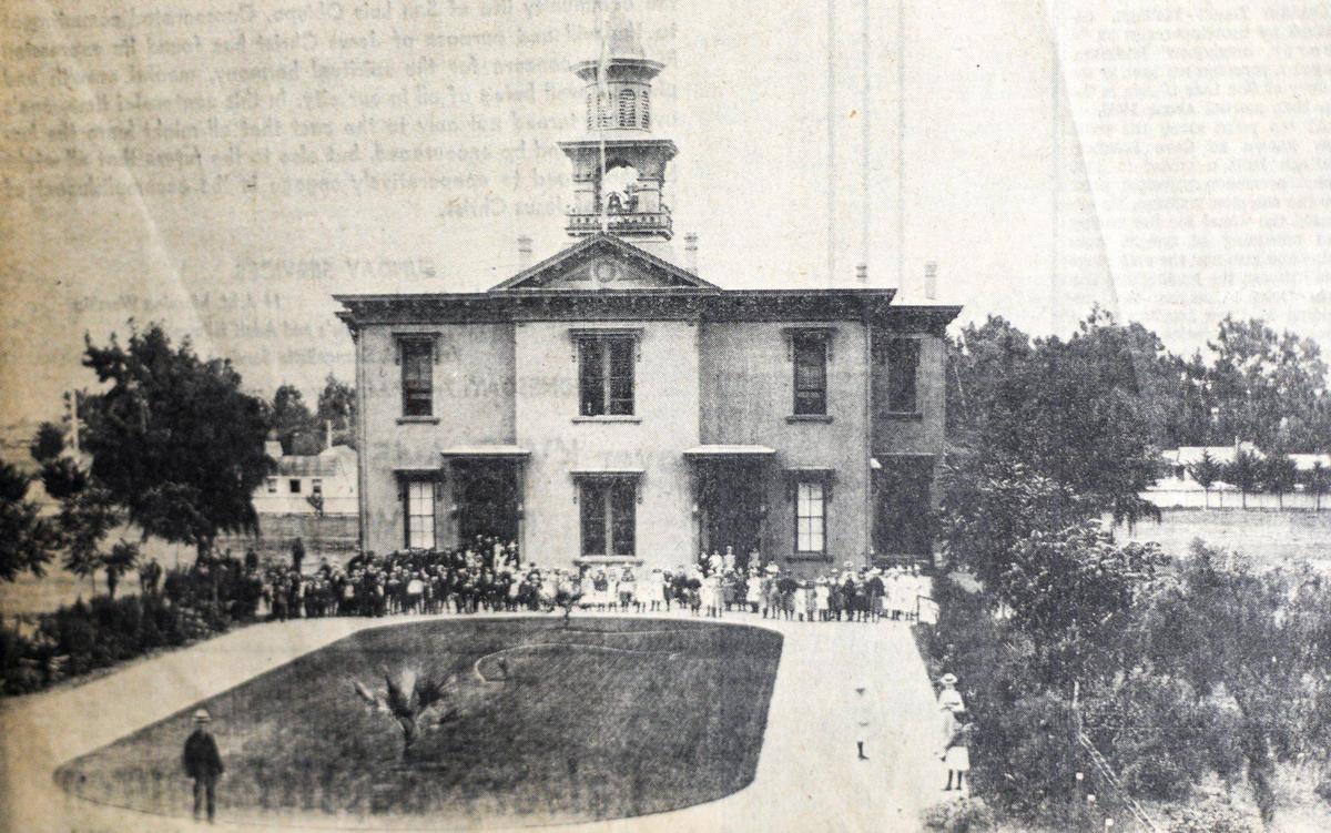 A Telegram-Tribune Centurama clipping showing Emerson School circa 1900. This is the second of three schools on the site. The first was built in 1869 and burned down Nov. 10, 1884. This second building was demolished shortly after World War II and replaced by a third building.