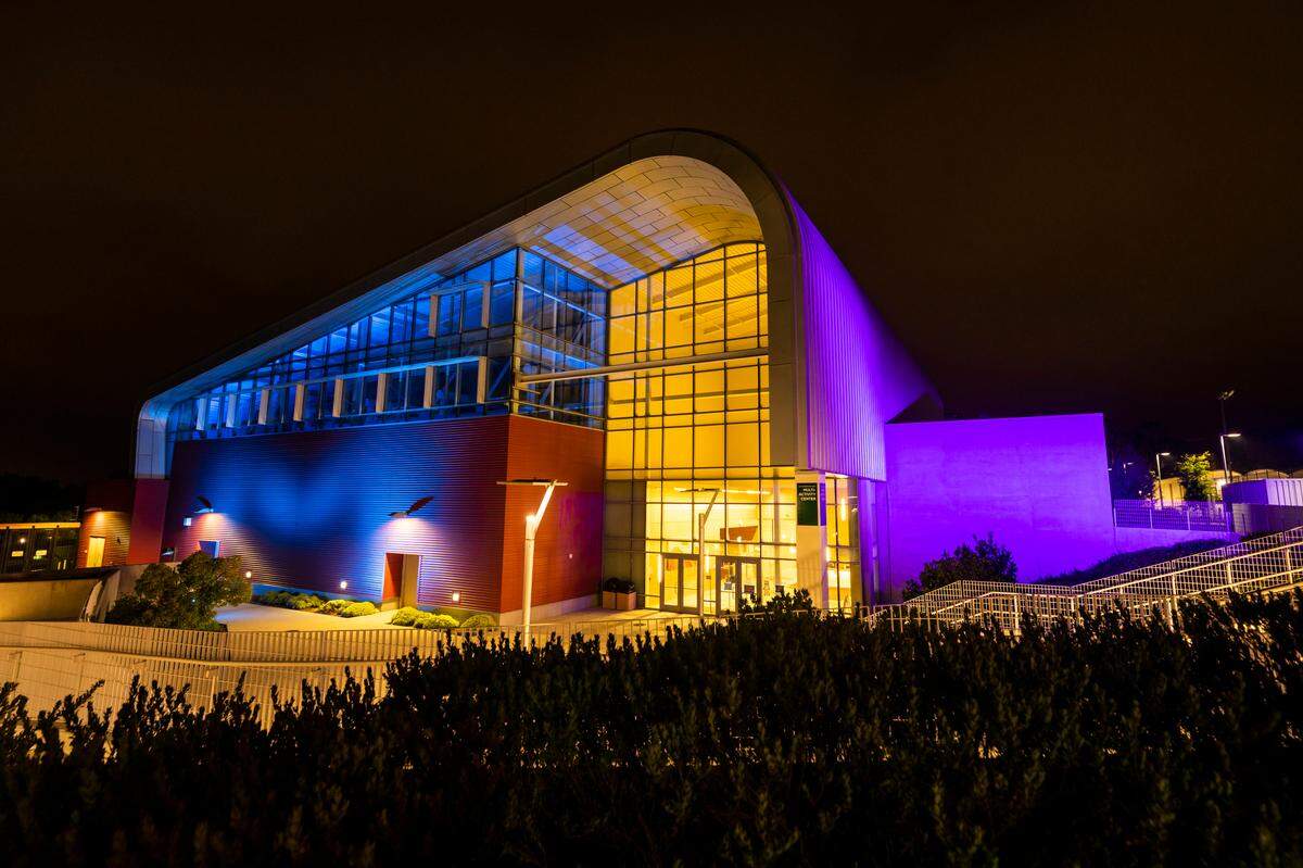 Cal Poly’s Grand Avenue entrance, the Performing Arts Center and the Alternate Care Site at the Recreation Center have been illuminated with blue light to recognize and thank all health care workers who have been providing support, guidance and care for those affected by the COVID-19 pandemic. The Cal Poly “P” also has been painted blue.