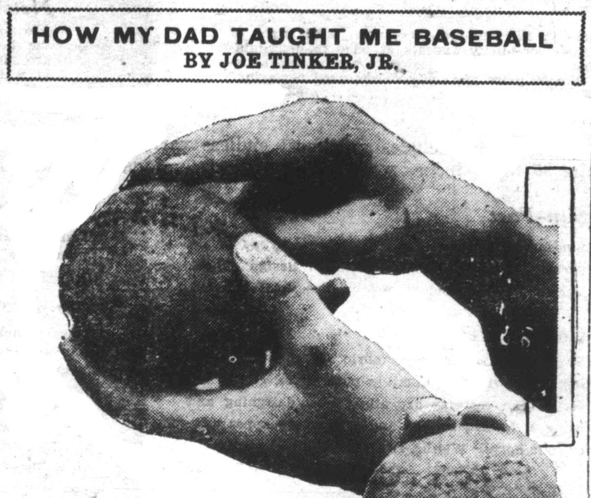 Moisten the plain surface on top of the ball (Top Fig.). You must get a lot of speed on this one. Eleventh of a series of photos, posed especially by Joe Tinker, Jr., for The Daily Telegram, on how to play&nbsp;baseball.