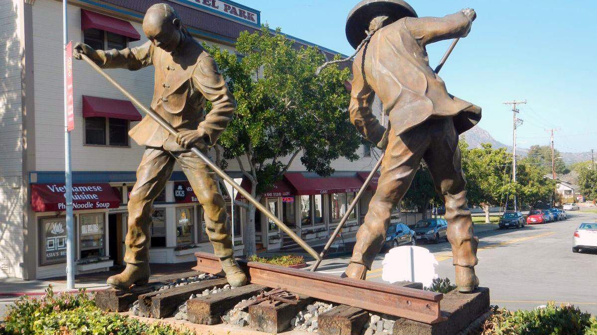 Sculptor Elizabeth McQueen’s 2002 “The Gandy Dancers” in San Luis Obispo’s Railroad Square District.