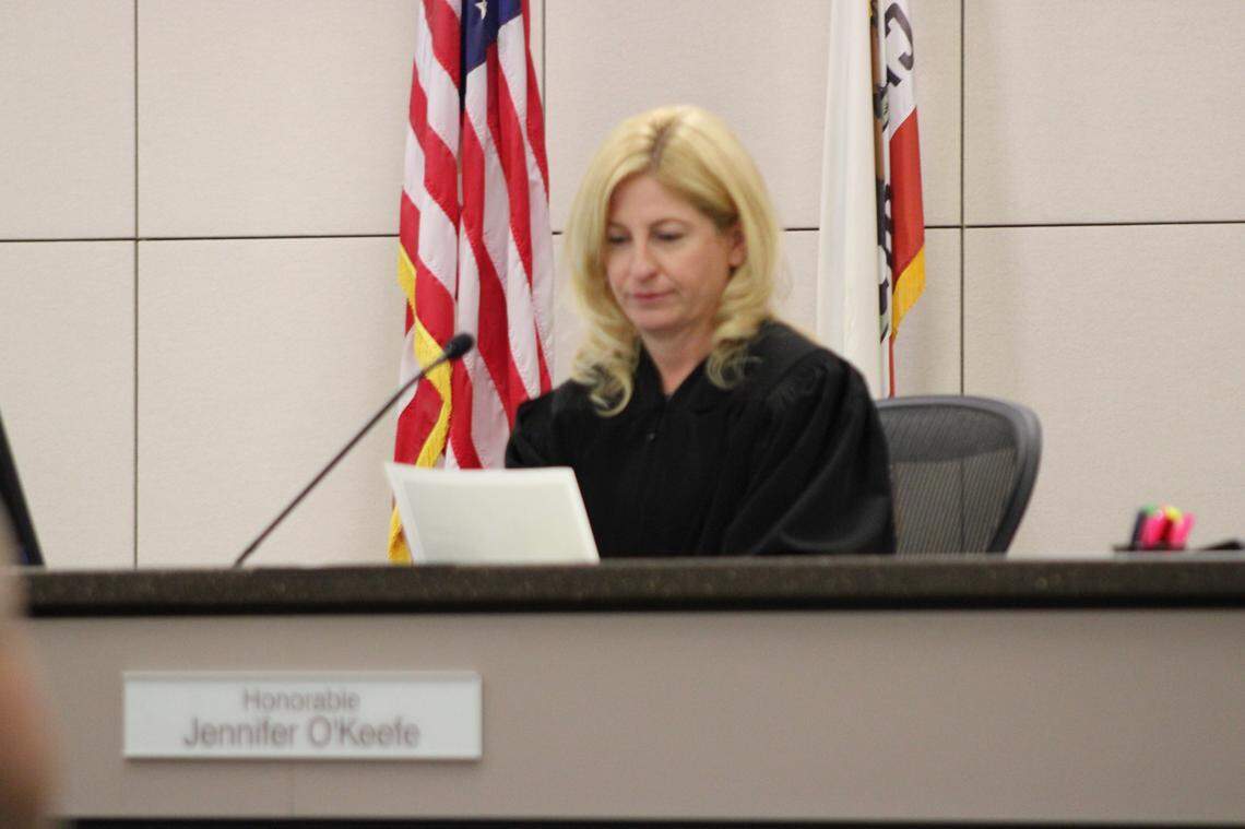 Monterey County Superior Court Judge Jennifer O’Keefe presides over the trial of Paul and Ruben Flores on Friday, July 22, 2022. The Flores men are accused of killing the Cal Poly student and hiding her body.