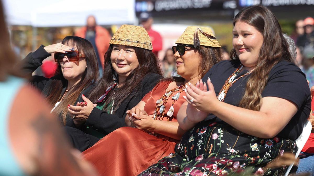 Members of the Samala Chumash Singers of the Santa Ynez Band of Chumash Indians applaud a speaker at an Indigenous People’s Day celebration on Oct. 14, 2024. From the left are Kathleen Marshall, Nakia Zavalla, Isabella Marshall and Sopheia Mata.