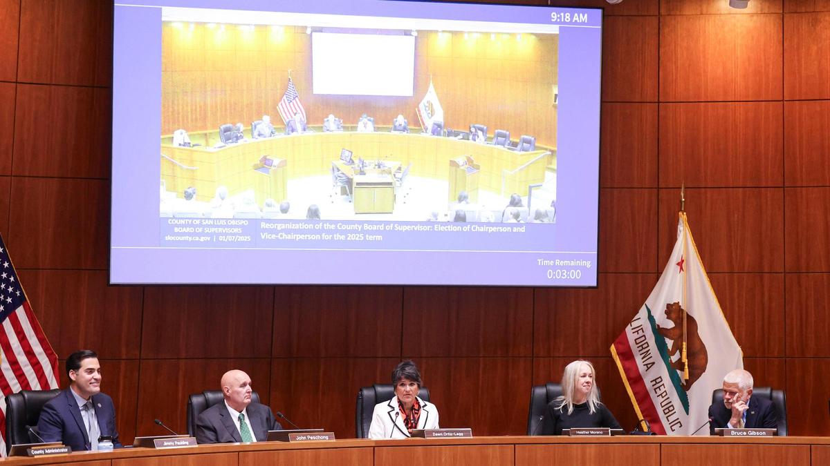 San Luis Obispo County Supervisors from the left: Jimmy Paulding, John Peschong, Dawn Ortiz-Legg, Heather Moreno, and Bruce Gibson at the first meeting of the year on Jan 7, 2025.