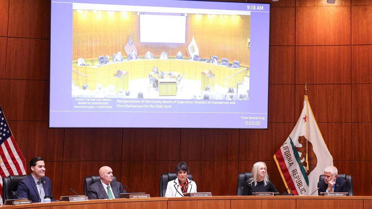 San Luis Obispo County supervisors, from left, Jimmy Paulding, John Peschong, Dawn Ortiz-Legg, Heather Moreno and Bruce Gibson gather for the first meeting of the year on Jan. 7, 2025.