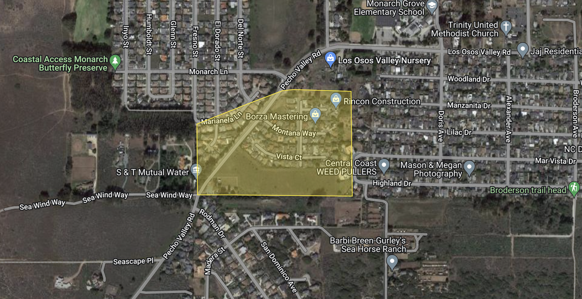 A map shows the Los Osos neighborhood under an evacuation warning on Jan. 14, 2023.