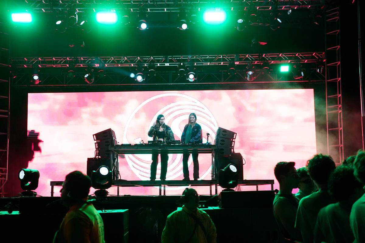 Thousands of students flocked to the second annual Morning on the Green music festival in the early morning hours of March 14, 2026. The music festival is an attempt to curb St. Fratty’s Day street partying in the neighborhoods near Cal Poly. Local act McKenna and Ev performs on stage ahead of the headliners.