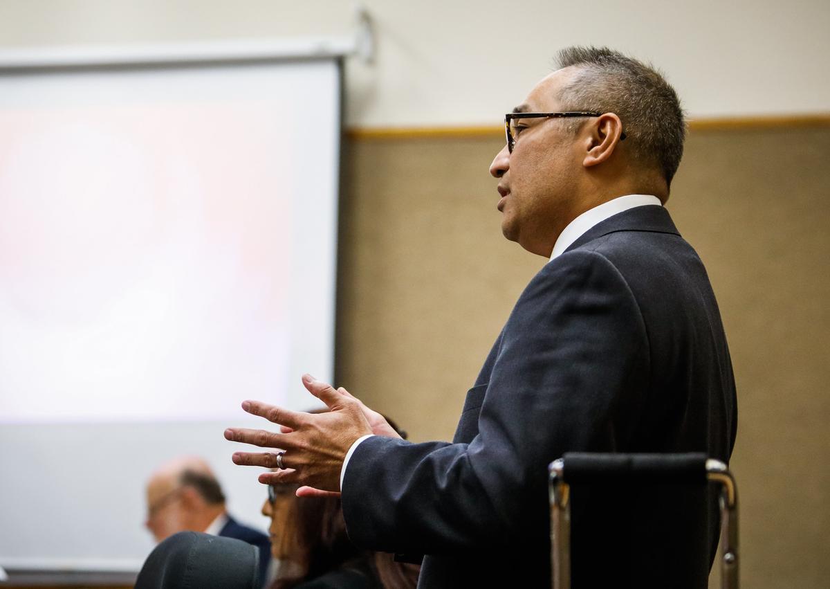 Deputy Attorney General Mark Cumba makes his opening statement for the prosecution Nov. 15 in the trial of Christopher Edward Skiff, the owner of The Manse on Marsh assisted living facility in San Luis Obispo, who was found guilty of elder abuse resulting in death and involuntary manslaughter for the December 2014 death of 65-year-old Mauricio Edgar Cardenas.