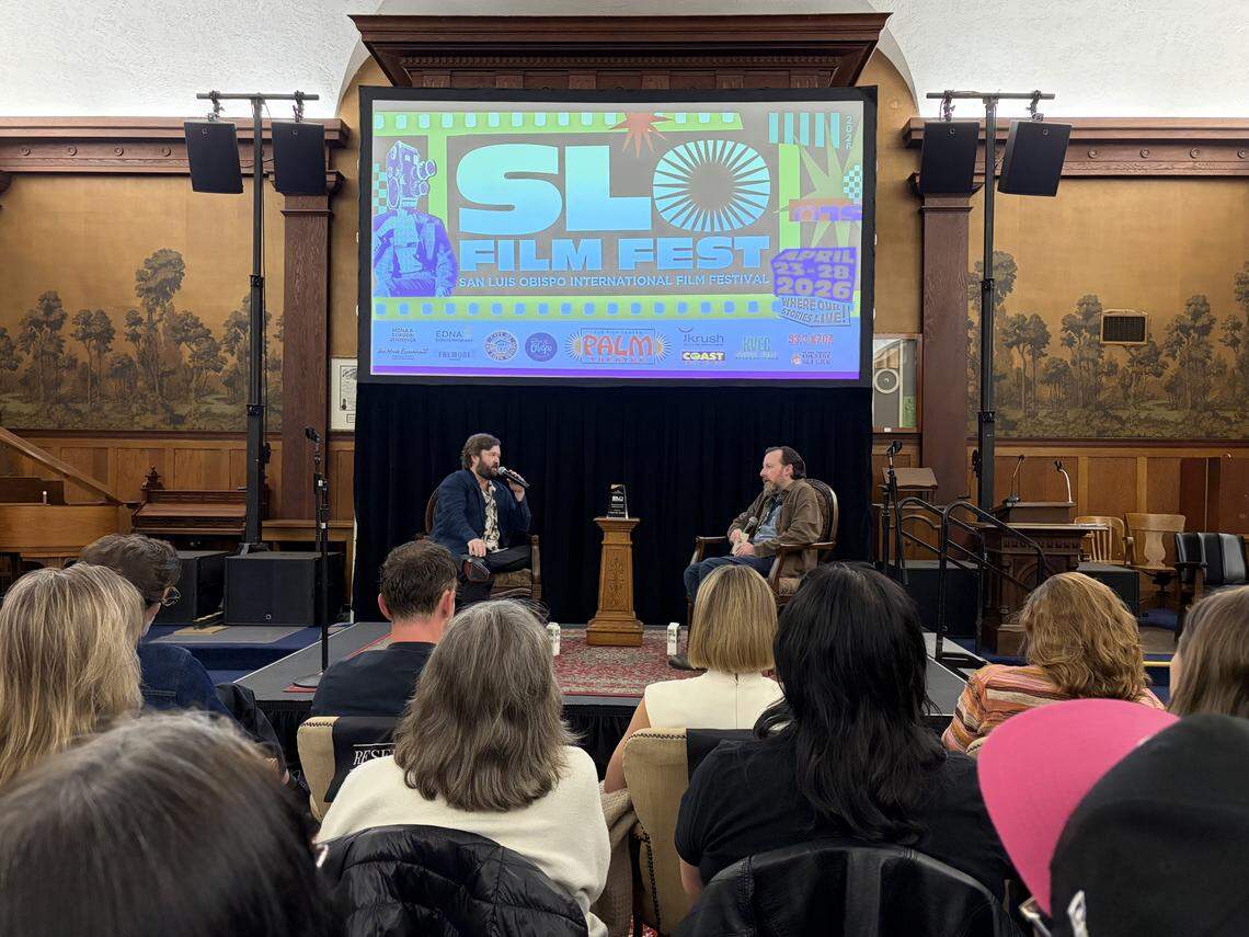 Haley Joel Osment and journalist Drew Taylor at the spotlight presentation at the San Luis Obispo International Film Festival on Saturday, April 25.