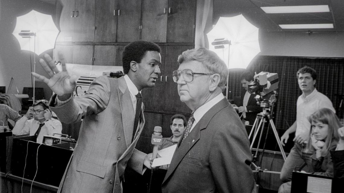 Reporters in the San Luis Obispo County Government Center on election night Nov. 4, 1986. A KSBY reporter at left prepares to interview Jim Johnson, in glasses, who was leading and would win election to San Luis Obispo County supervisor. At far right is Kelly Teel, now news production manager and chief photographer for the station.