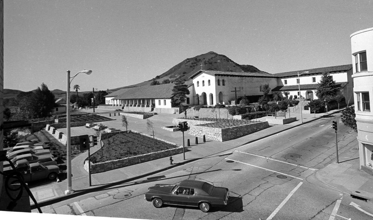 Mission Plaza in San Luis Obispo is seen in November 1970 shortly before dedication. The trees are small but the shape is familiar.