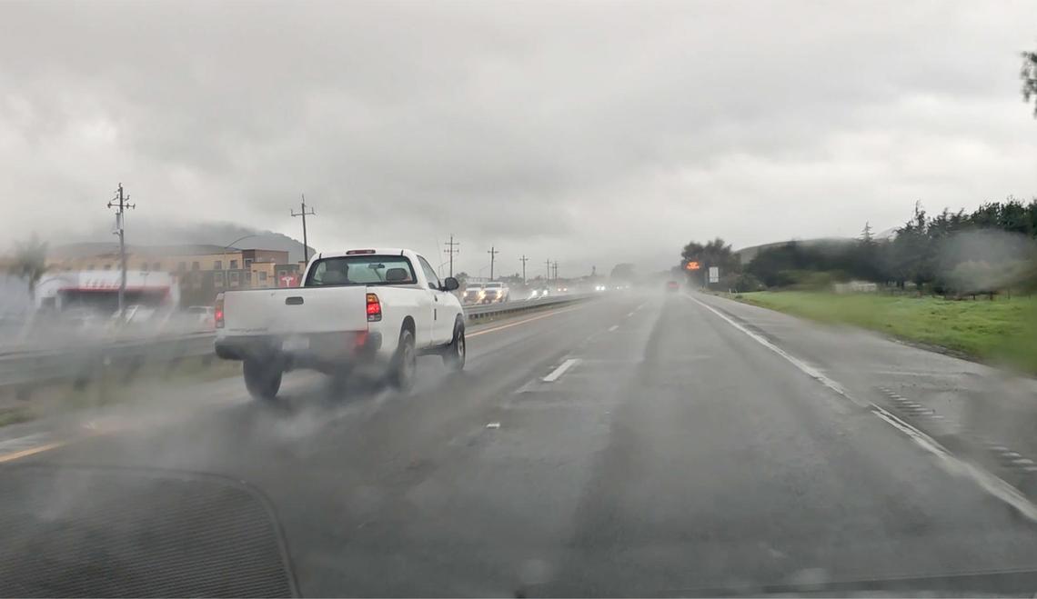 Driving through heavy rain along northbound Highway 101 in San Luis Obispo on Feb. 6, 2025. A winter storm brought rain and strong winds to San Luis Obispo County on Thursday, with more on the way throughout the day and into Friday.