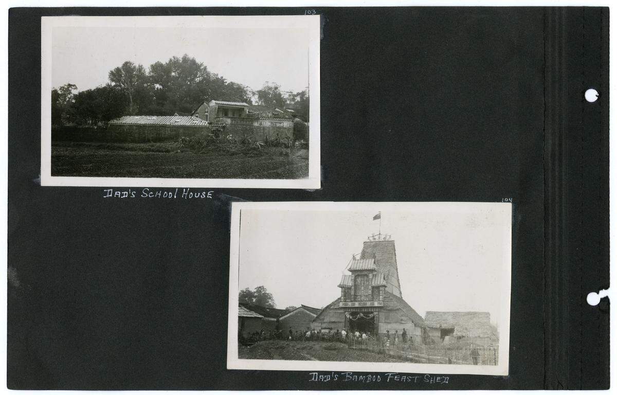 Ah Louis and his sons Frank and Howard toured the birthplace of Ah Louis in China in 1933. Upper left is schoolhouse that Louis funded since 1886, and lower right is the temporary bamboo shed for a village feast he hosted for 1,200 guests.
