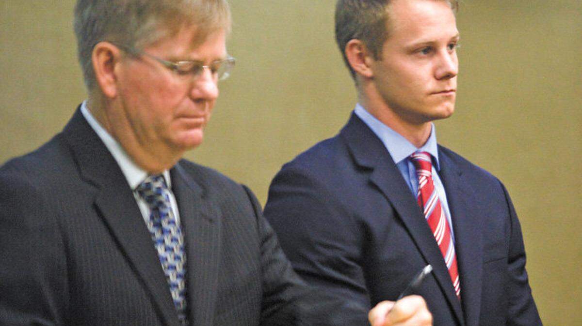 Attorney Robert McMahon, left and his client, Gear McMillan, offer a plea on Friday, Feb. 6. The Cal Poly student is accused of selling marijuana at his fraternity house.