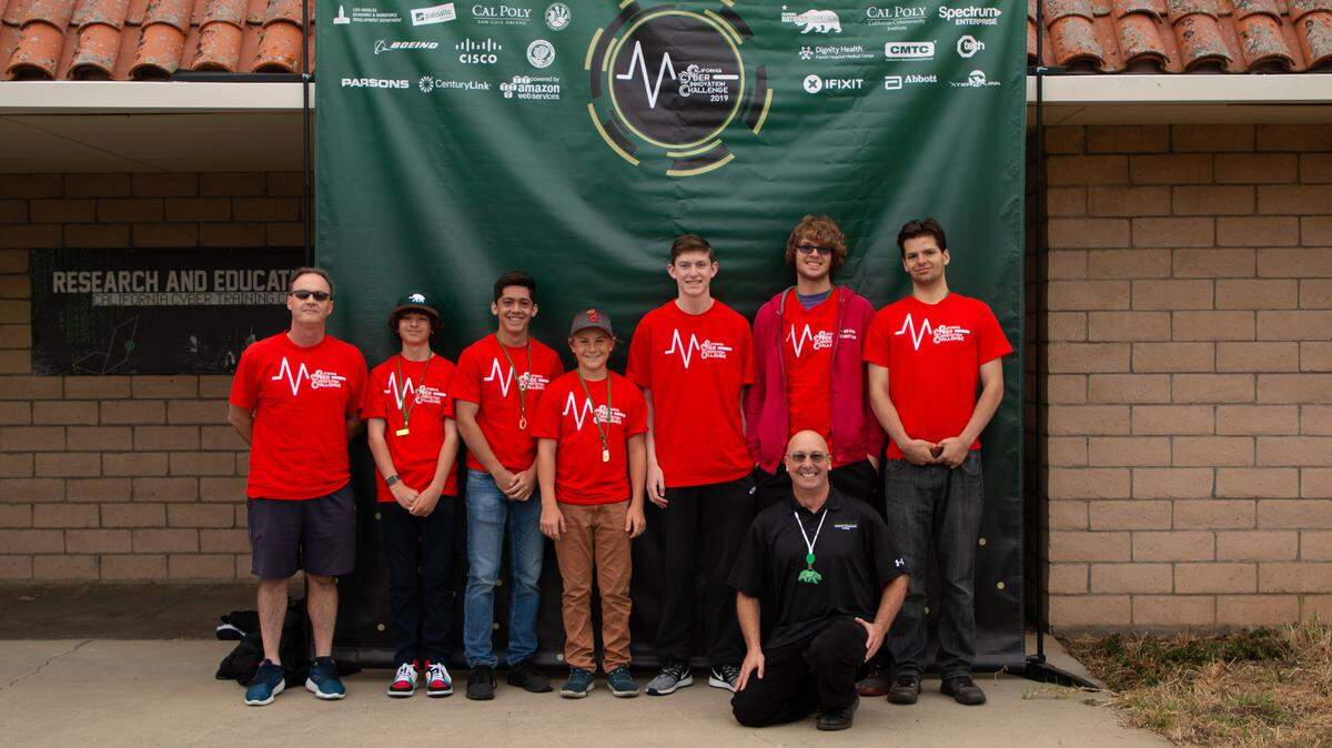 Coast Union High School’s cybersecurity team placed seventh out of 20 high schools in the Cal Poly Cyber Innovation Challenge. From left: Ayen Johnson, Caiden Kennedy, Robert Saunders (middle schooler), Jonathan Jewel, Darien Jewel, Trent Ferguson and Luis Plascencia.