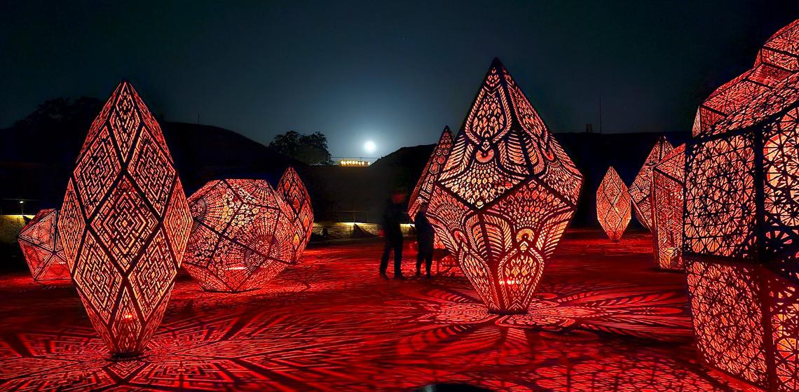 The DIMENSIONS exhibit at Sensorio in Paso Robles features a collection of illuminated geometric sculptures, seen here on May 23, 2024. It was created by the artist duo HYBYCOZO.
