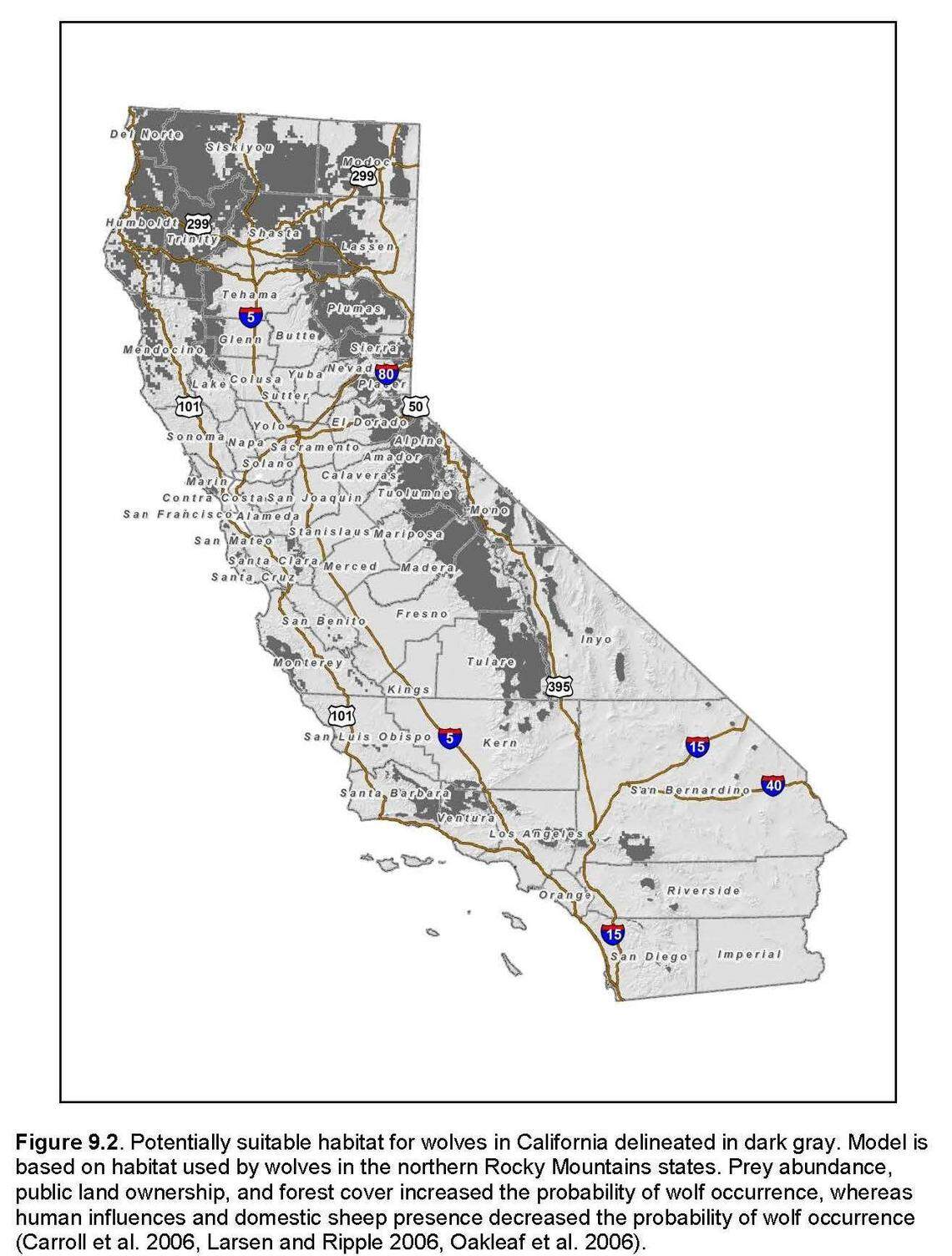 A map of suitable wolf habitat in California as determined by the California Department of Fish and Wildlife. This map is in California’s Conservation Plan for Gray Wolves, which was finalized and released in 2016.