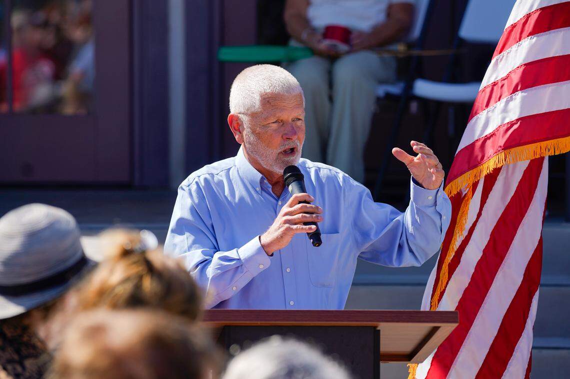 District 2 San Luis Obispo County Supervisor Bruce Gibson speaks at Cayucos Landing's grand re-opening on Monday, Aug. 25, 2025. More than 200 people turned out to see the new Cayucos Landing, which underwent an $11 million rehabilitation project between 2022 and 2025.