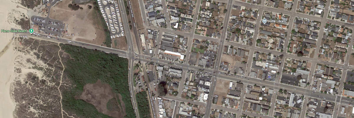 A satellite image depicts downtown Grover Beach in 2015.