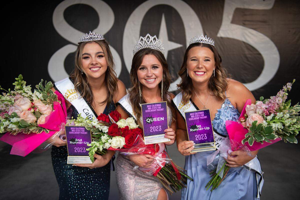 Miss California Mid-State Fair Kerrigan Jensen, center, poses for a picture with first runner-up Jenna Wilshusen, right, and second runner-up Natalie Boyd.