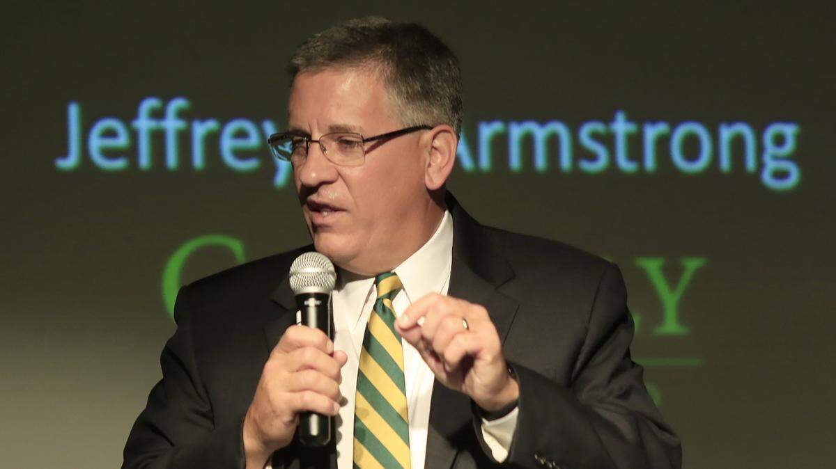 Cal Poly President Jeffrey Armstrong, shown here speaking at an event in 2016, said in a letter Thursday that hateful acts on campus such as slurs or vandalism could result in discipline up to and including expulsion for students and termination for employees.