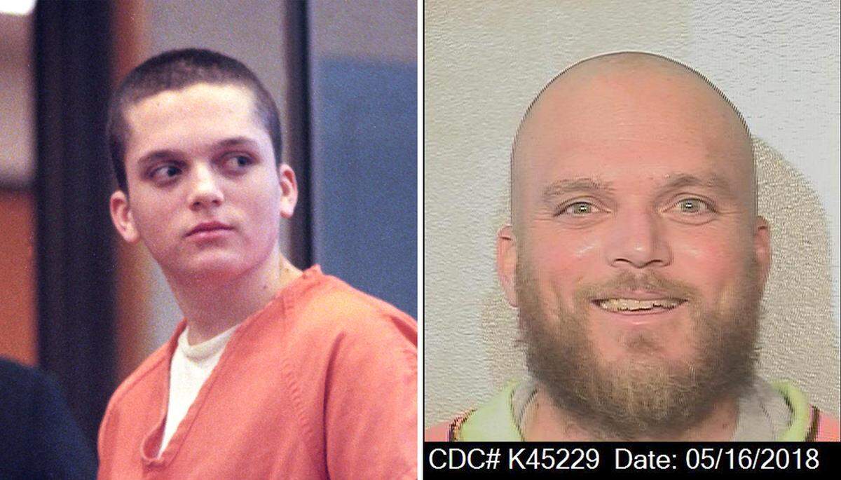 Joseph Fiorella is seen in a 2018 inmate photo, right, and at his March 1997 sentencing for the murder of Elyse Pahler.